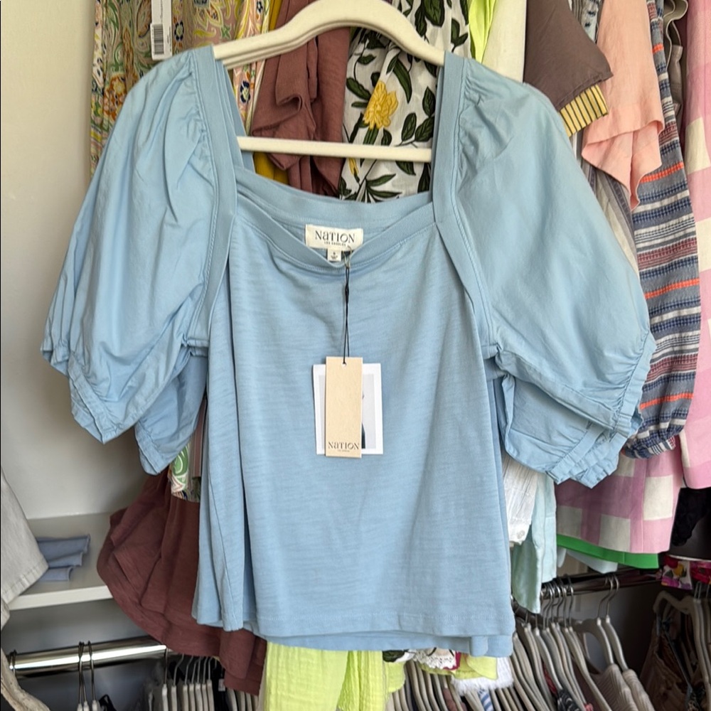 Nation LTD Blue and White Puff Sleeve Blouse